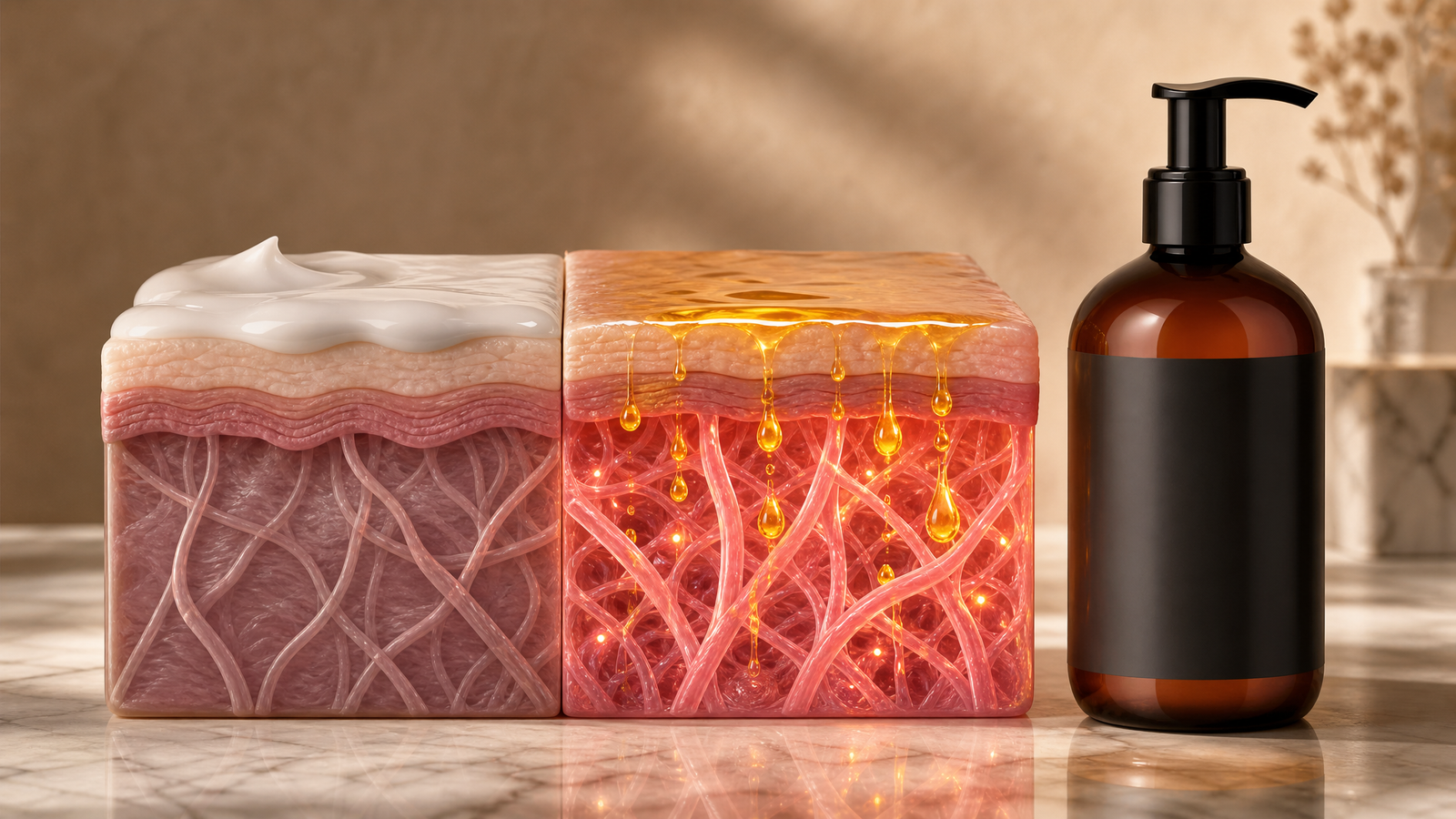 Cross-section: a cream sits on the skin surface while the roll and oil drive collagen actives into the deep collagen layer